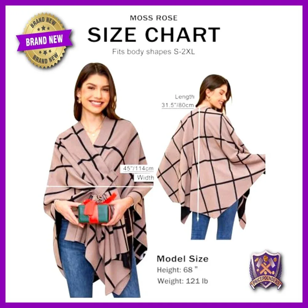 Classic Check Poncho Shawl Wrap Elegant Cashmere-Like Viscose Polyester Cape